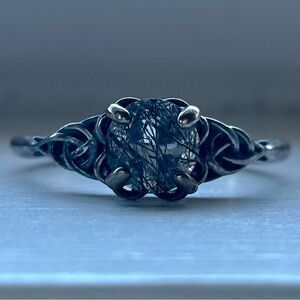 Black Tourmalinated Quartz Crystal Celtic Knot Gemstone Sterling Silver Ring 5.5
